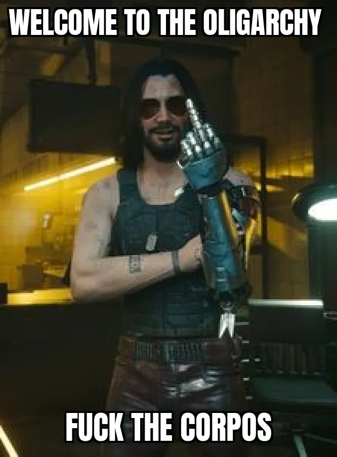 A man with long dark hair, sunglasses, and a cybernetic arm stands confidently in a dimly lit, industrial-style room. He…