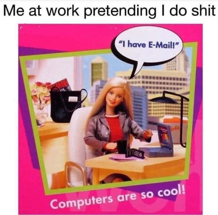 A vintage Barbie doll sits at a desk with a laptop and phone, smiling while a speech bubble says 'I have E-Mail!' The image…