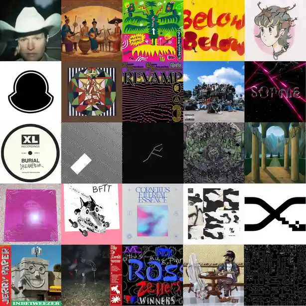 A 5x5 grid collage of 25 distinct album covers and artwork, featuring diverse visual styles including a man in a cowboy hat…