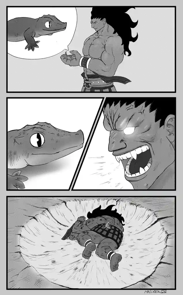 A three-panel manga-style comic shows a muscular man holding a small lizard, which is shown in a thought bubble as a…