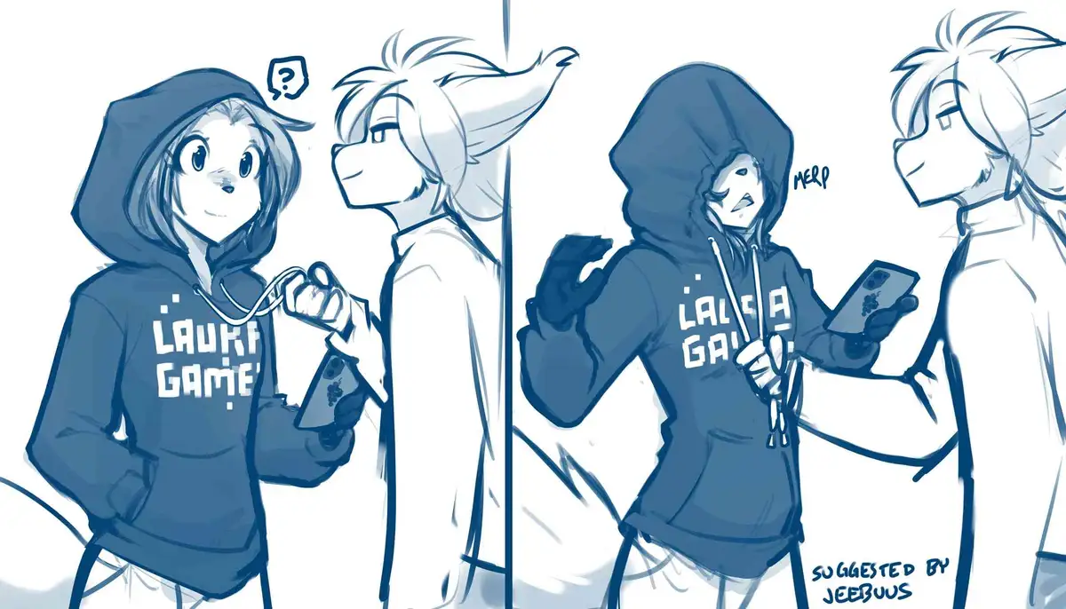 Two anime-style characters are shown in a split-panel comic. On the left, a person in a hoodie with 'LAUKA GAME' printed on…