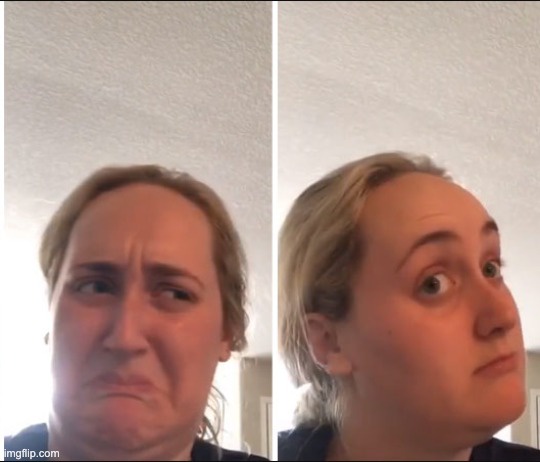 A split-screen image shows a woman with a tired, frowning expression on the left and a wide-eyed, shocked expression on the…