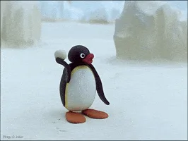 A six-frame sequence shows a claymation penguin holding a snowball, then throwing it, and finally looking down at his empty…