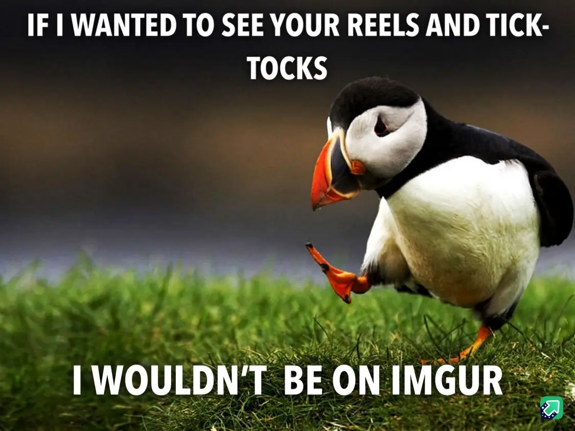 A photograph of a puffin standing on green grass, looking down with one foot lifted, overlaid with white text that reads 'IF…