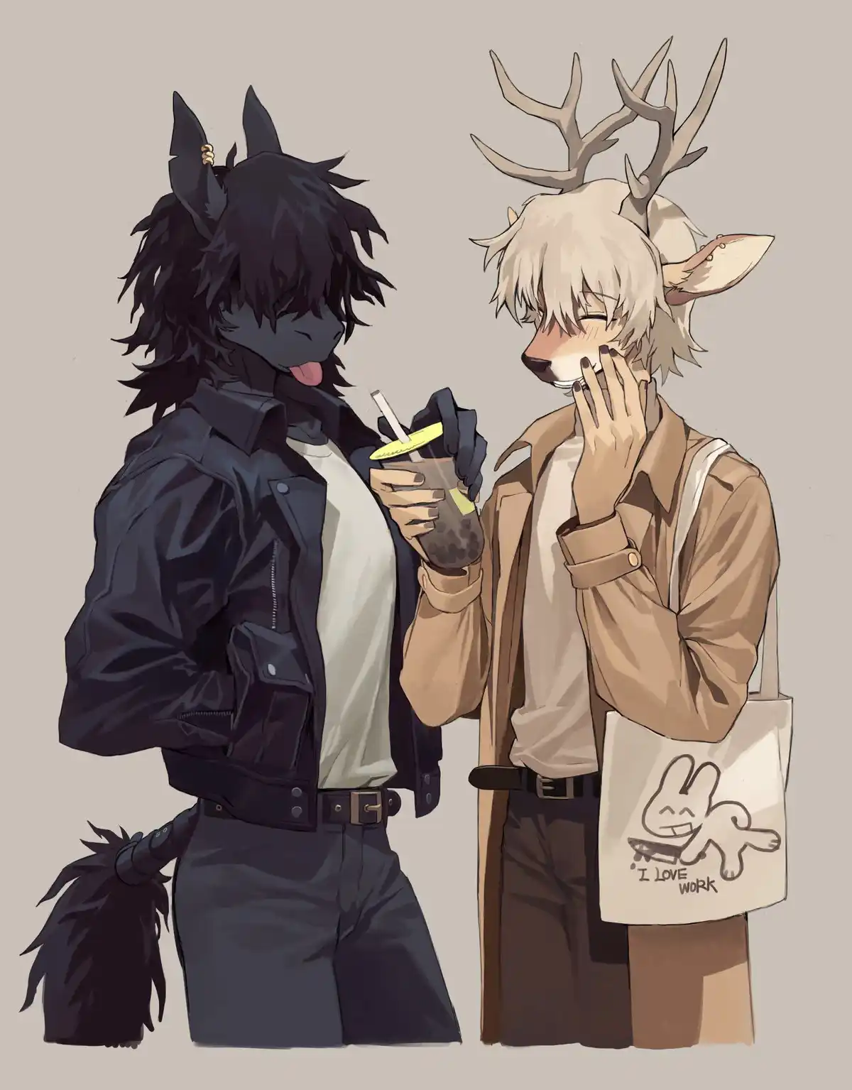 Two anthropomorphic characters, one with black wolf-like features and the other with white deer-like features, stand…