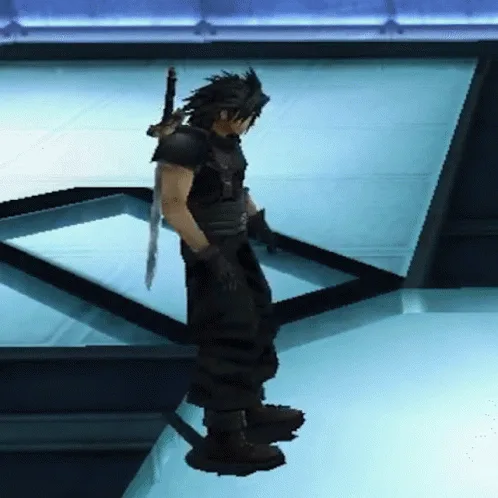 A six-panel grid shows a video game character, Zack Fair from Final Fantasy VII, performing a slow, exaggerated, and awkward…