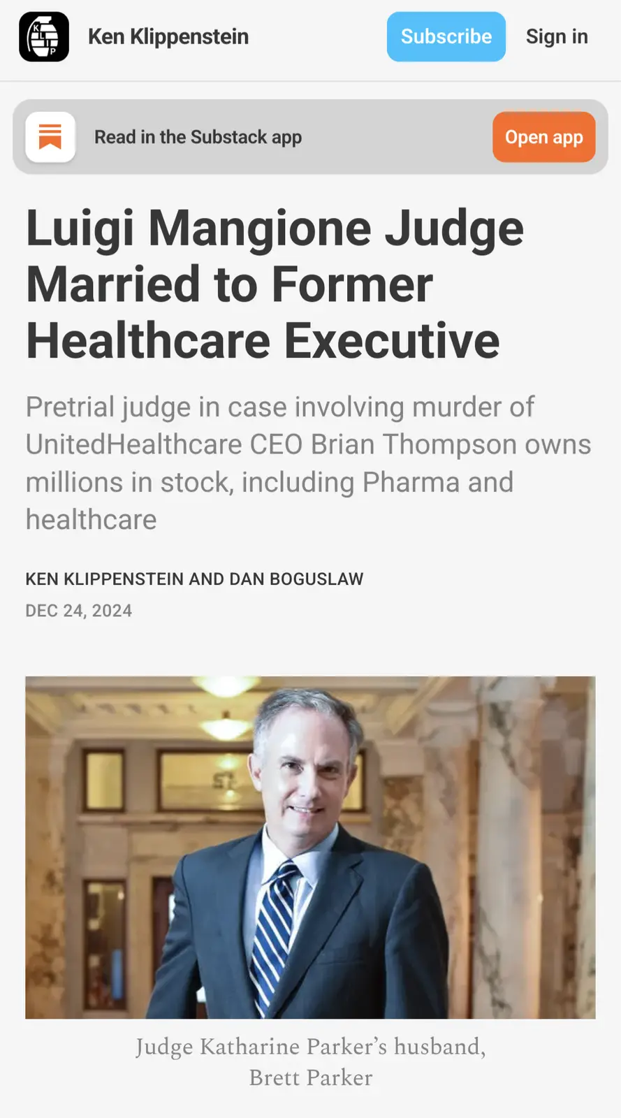 A screenshot of a Substack article shows a photo of a man in a suit with overlaid text reading 'Luigi Mangione Judge Married…