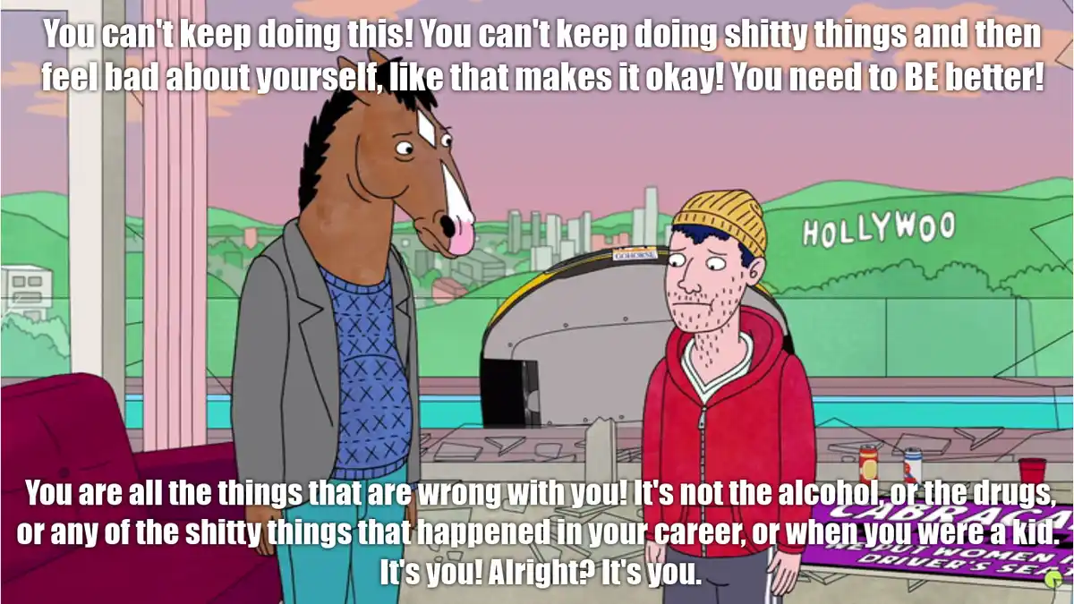 In this image from the animated show 'BoJack Horseman,' BoJack Horseman (a horse) confronts a human man in a messy room. The…