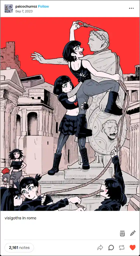 An anime-style illustration shows multiple young women in modern clothing interacting with a classical Roman statue of a man…