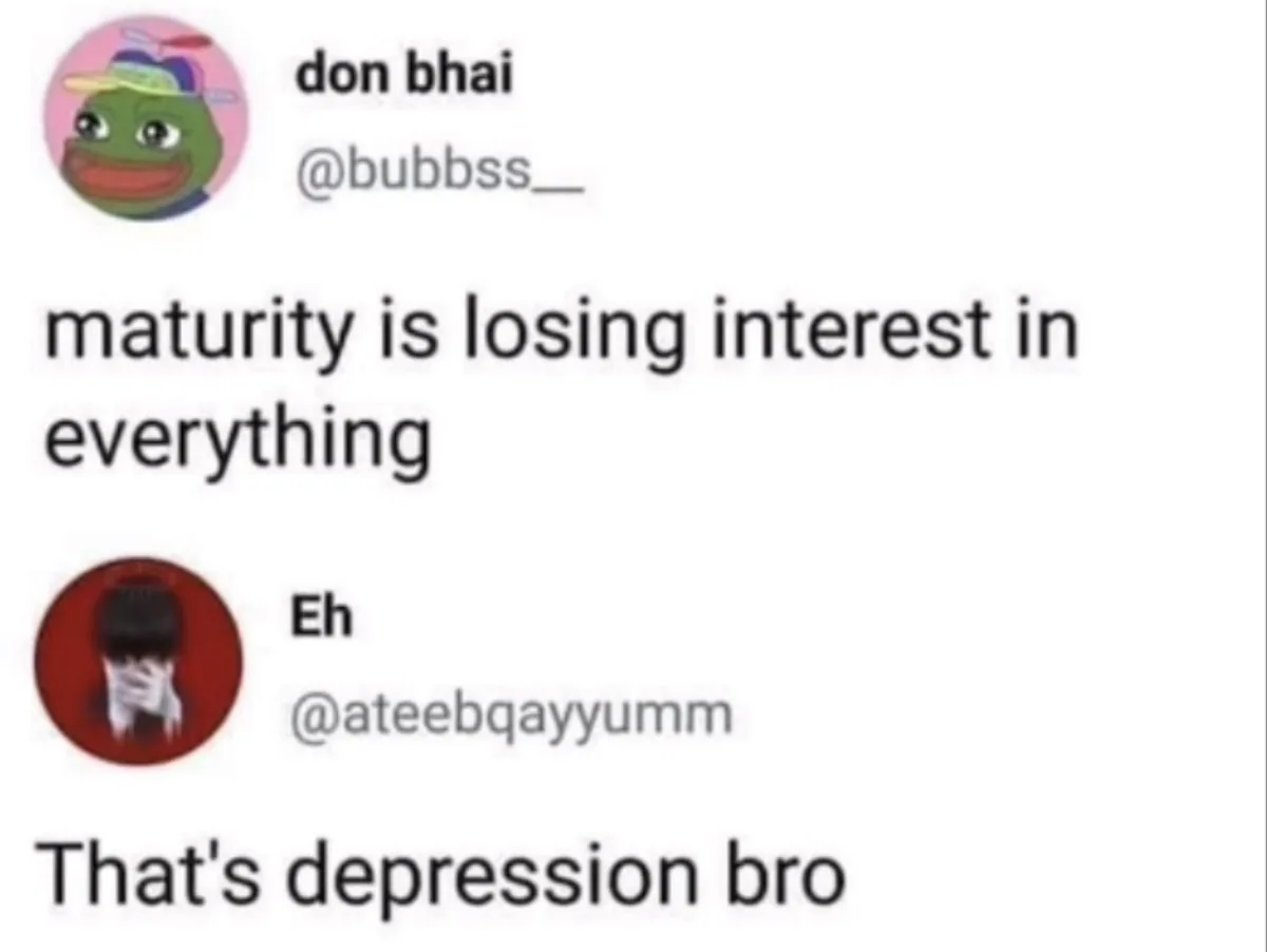 A screenshot of a Twitter-like conversation shows user 'don bhai' (@bubbss_) stating 'maturity is losing interest in…
