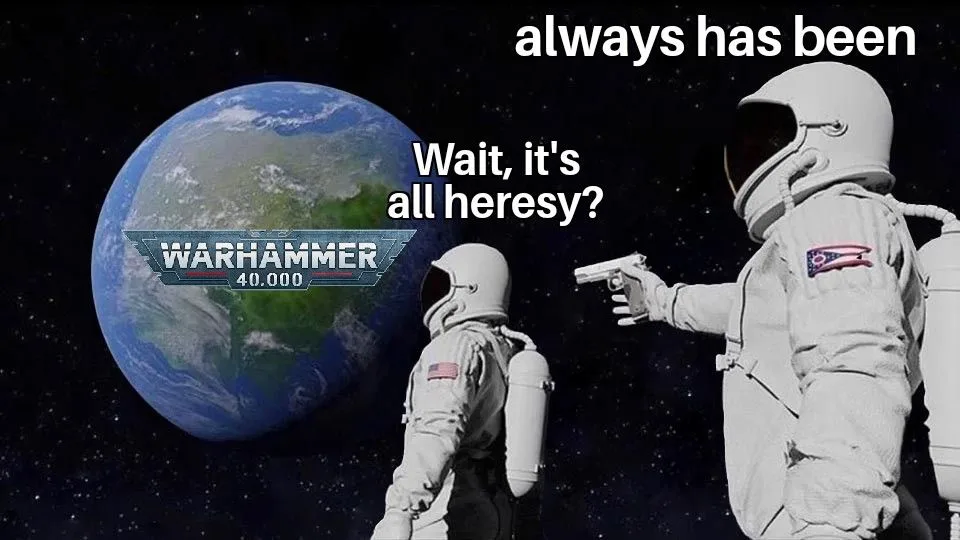 Two astronauts in space, one pointing a pistol at the other, with Earth visible in the background. The Warhammer 40,000 logo…
