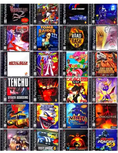 a grid of 20 original playstation 1 game covers arranged in five rows and four columns, featuring titles like resident evil…