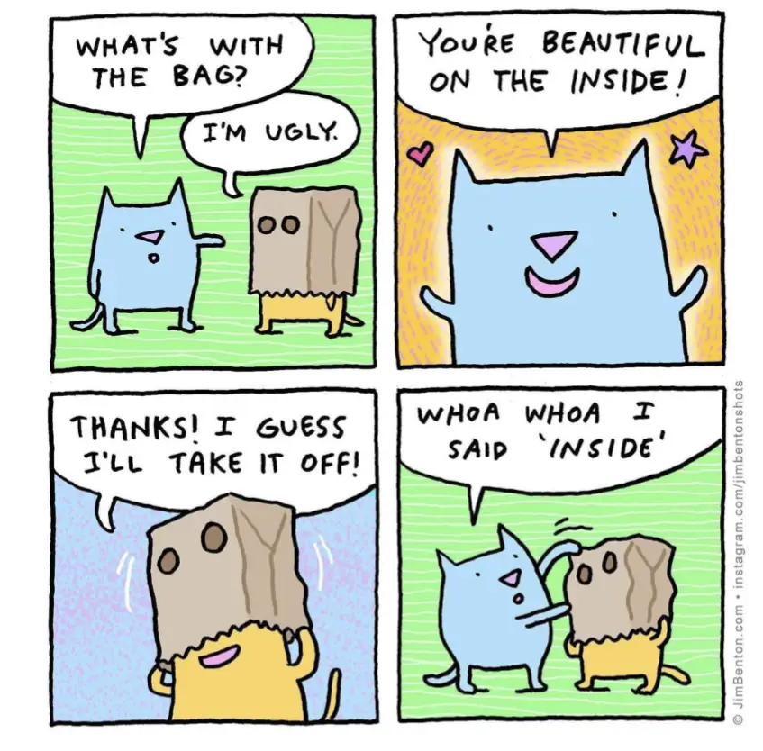 A four-panel comic strip featuring two cartoon cats. In the first panel, one cat asks the other, who is wearing a paper bag…