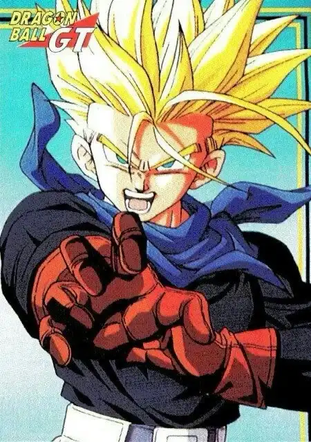 A manga-style illustration of the anime character Trunks from Dragon Ball GT, shown with spiky golden hair, intense green…