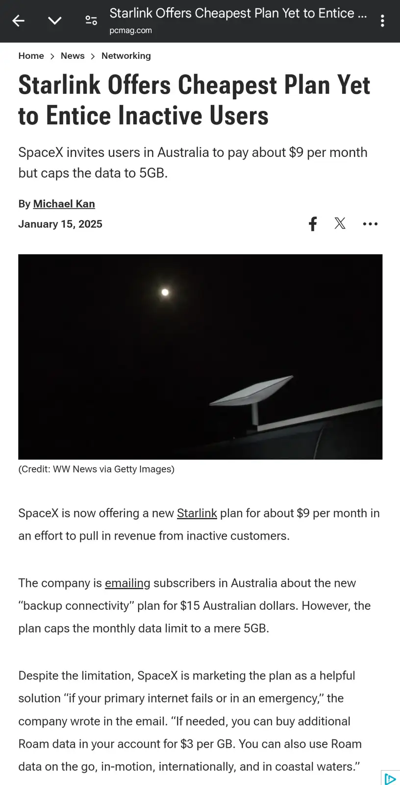 A screenshot of a PCMag article titled 'Starlink Offers Cheapest Plan Yet to Entice Inactive Users' shows a photo of a…