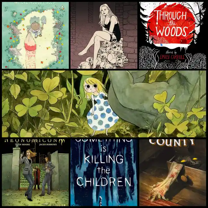 A collage of six horror-themed comic book covers and illustrations, including 'Where Nobody Sees' (child digging a hole)…