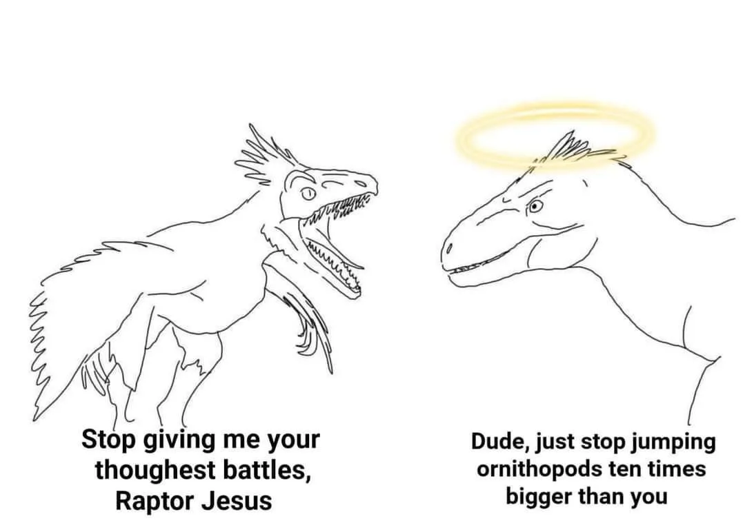 A black-and-white line drawing shows two dinosaurs. The left dinosaur, with an angry expression and open mouth, says 'Stop…