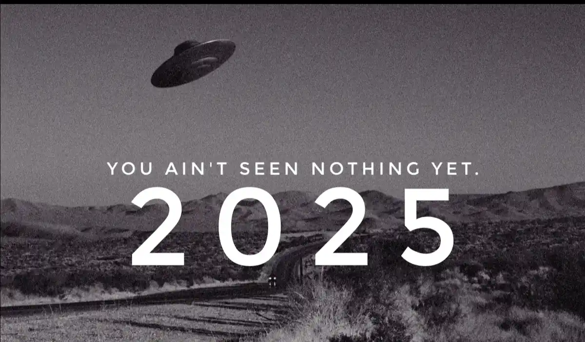 A black-and-white image shows a classic flying saucer hovering over a desert landscape with mountains in the background and…