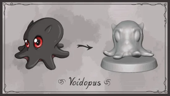 The image displays six panels arranged in two rows, each showing a cartoonish dark grey octopus with red eyes transforming…