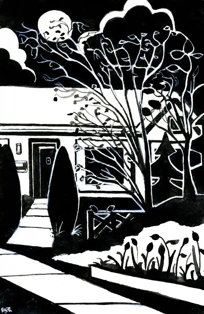 A black-and-white stylized illustration depicts a house at night under a full moon with swirling clouds, bare trees, and a…