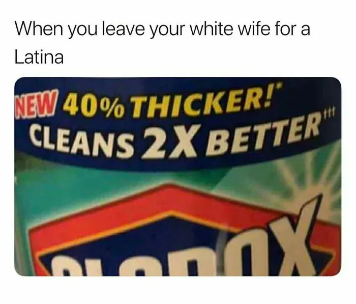 The image shows a close-up of a Clorox bleach bottle label with bold text proclaiming 'NEW 40% THICKER! CLEANS 2X…