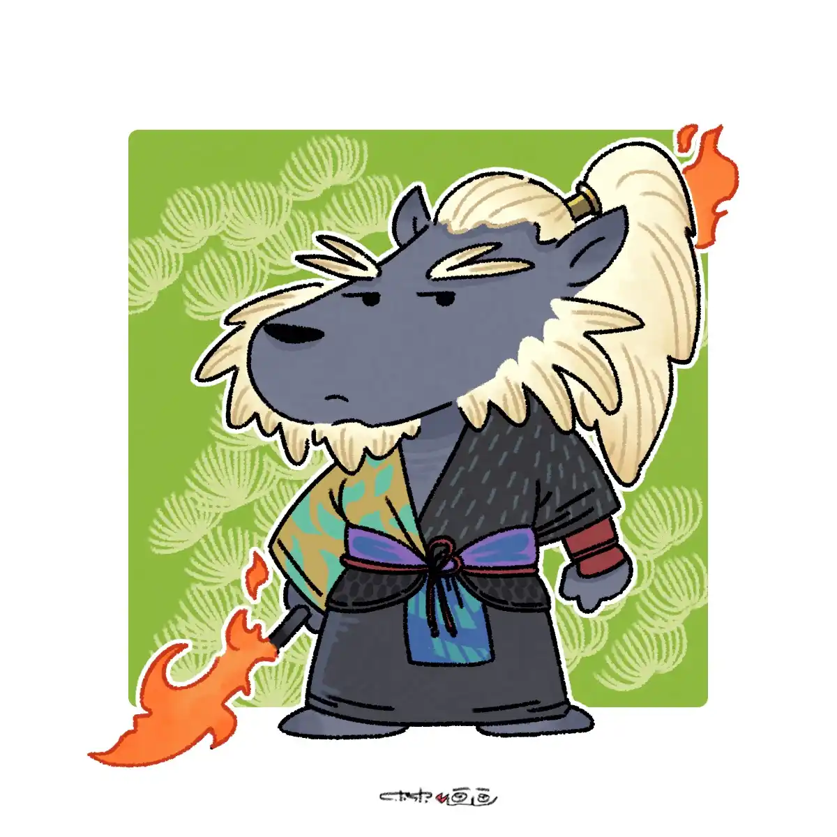 A cartoon wolf with a bored expression, wearing a traditional Japanese kimono with a purple obi, stands against a green…