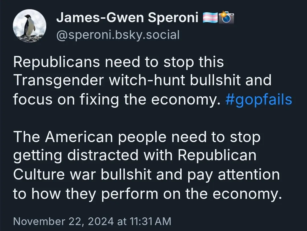 A screenshot of a social media post by James-Gwen Speroni, featuring two paragraphs of text criticizing Republicans for…