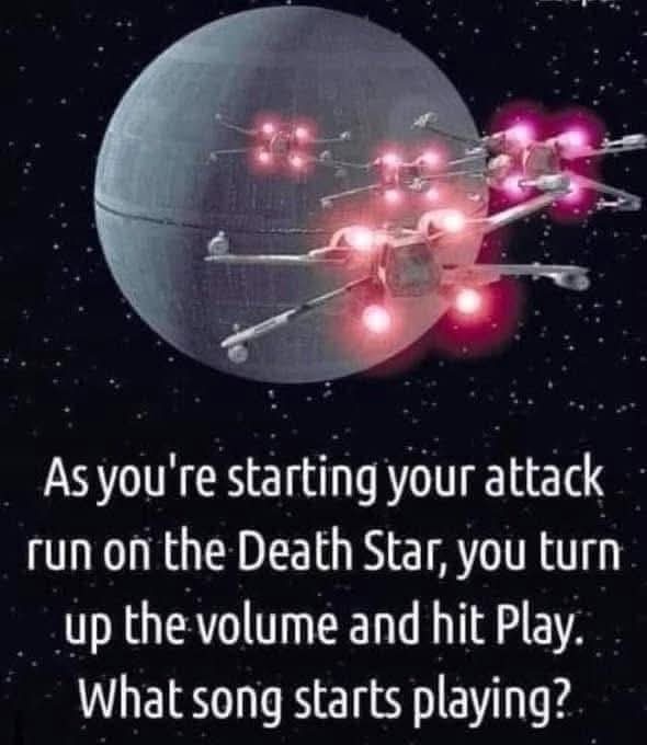 The image shows a scene from Star Wars with multiple X-wing starfighters attacking the Death Star. The fighters are firing…