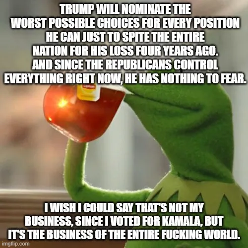 A green frog character, Kermit the Frog, is shown holding a red apple with a yellow label, looking down at it. The image has…