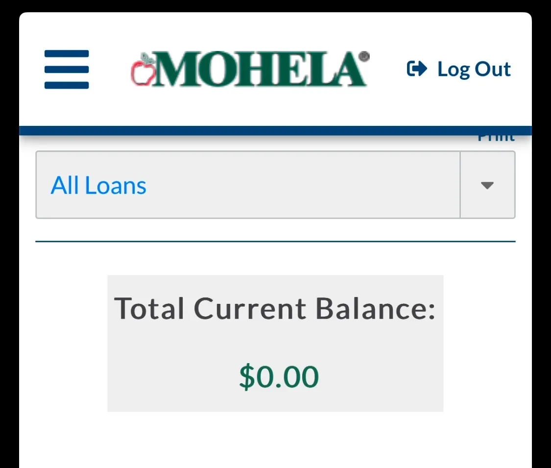 A screenshot of the MOHELA loan account portal shows a 'Total Current Balance: $0.00' displayed prominently. The MOHELA logo…