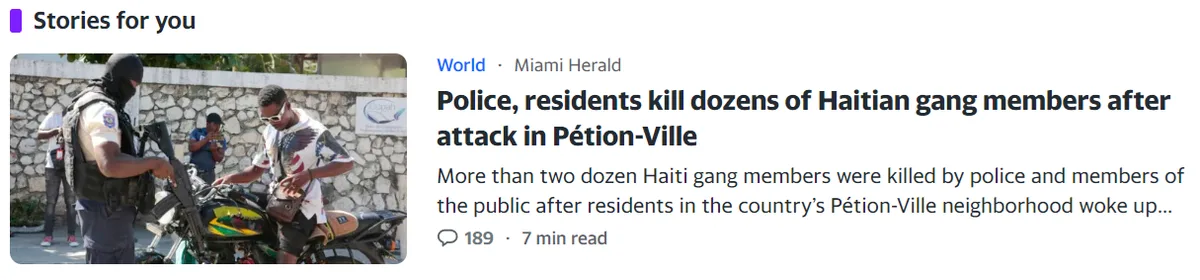 A news article headline from the Miami Herald reads 'Police, residents kill dozens of Haitian gang members after attack in…