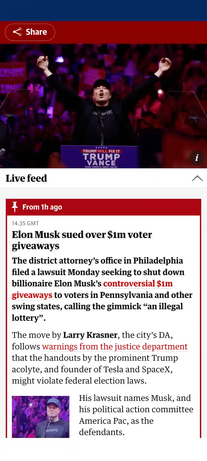 The image shows a screenshot of a news feed with a headline about Elon Musk being sued over $1 million voter giveaways. The…