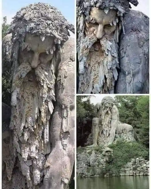 a composite image shows a large, weathered stone statue of a bearded man, with close-ups revealing its textured…