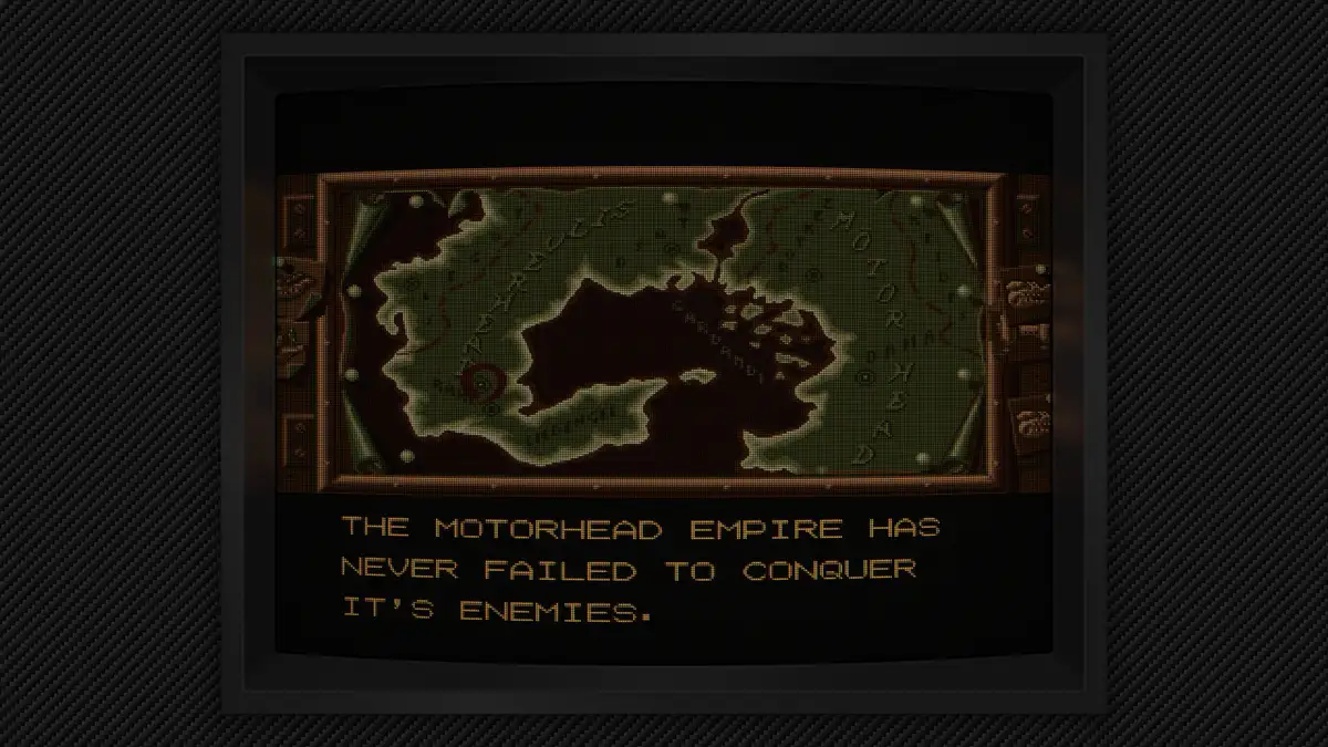 An image of a retro-style computer monitor displaying a pixelated map with the text 'THE MOTORHEAD EMPIRE HAS NEVER FAILED…