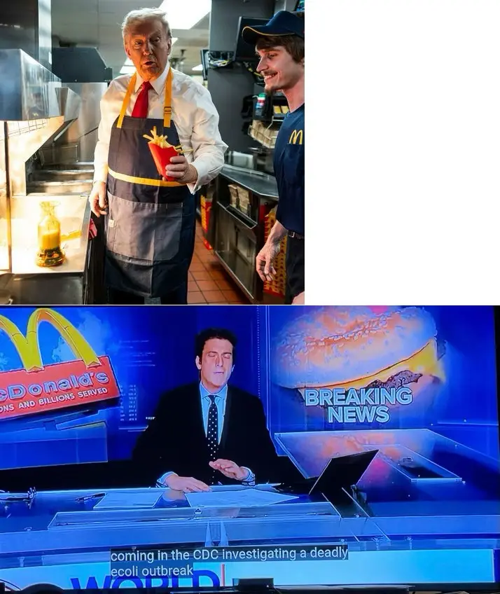 The top panel shows Donald Trump in a McDonald's apron holding a fry container, smiling at a worker. The bottom panel shows…