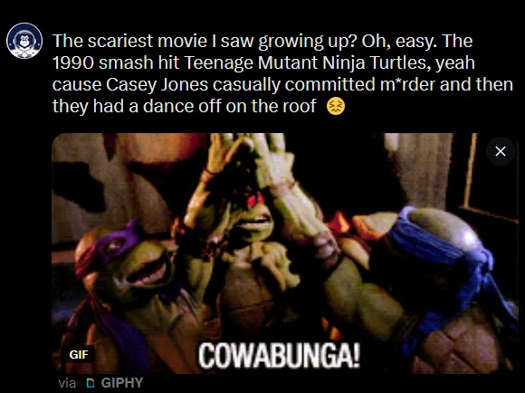 A still from the 1990 Teenage Mutant Ninja Turtles movie shows the four turtles in a celebratory pose with the word…