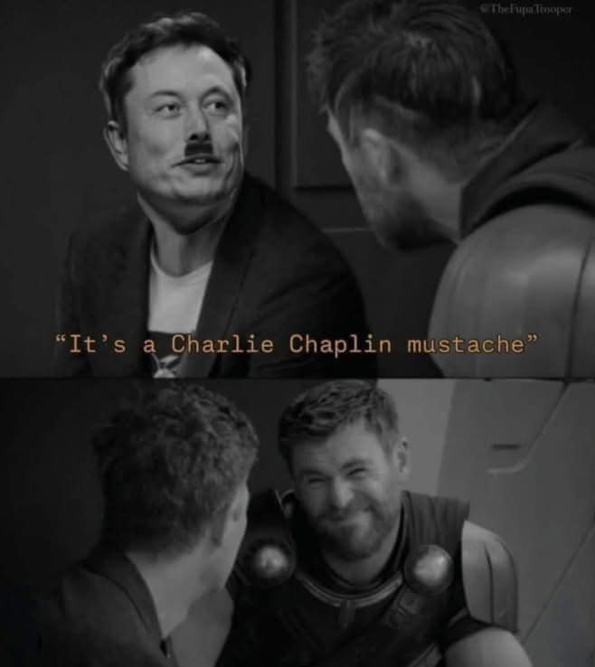 A black-and-white two-panel image shows Elon Musk with a thin mustache looking at Thor, who is smiling. The text overlay…