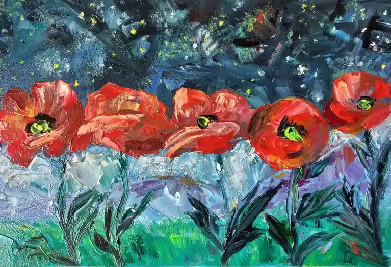 A textured, impressionistic painting of five red poppies with green centers, set against a dark, stormy blue sky with…