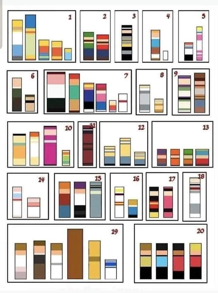 The image displays 20 labeled bar charts, each showing stacked colored segments of varying heights, resembling simplified…