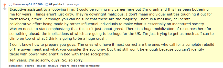 A screenshot of a Reddit comment from 11 years ago, posted by user throwaway01123580, with a long, dramatic text overlay…