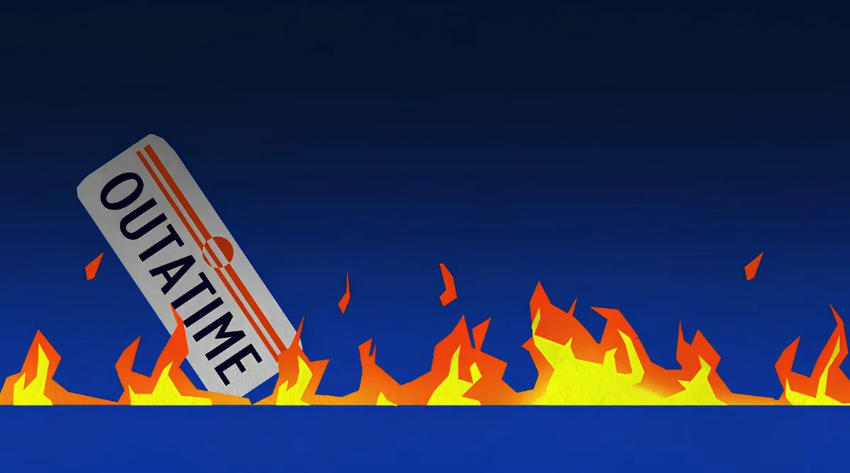 A stylized silver sign with the word 'OUTATIME' in bold black letters and orange stripes is shown tipping over as it's…