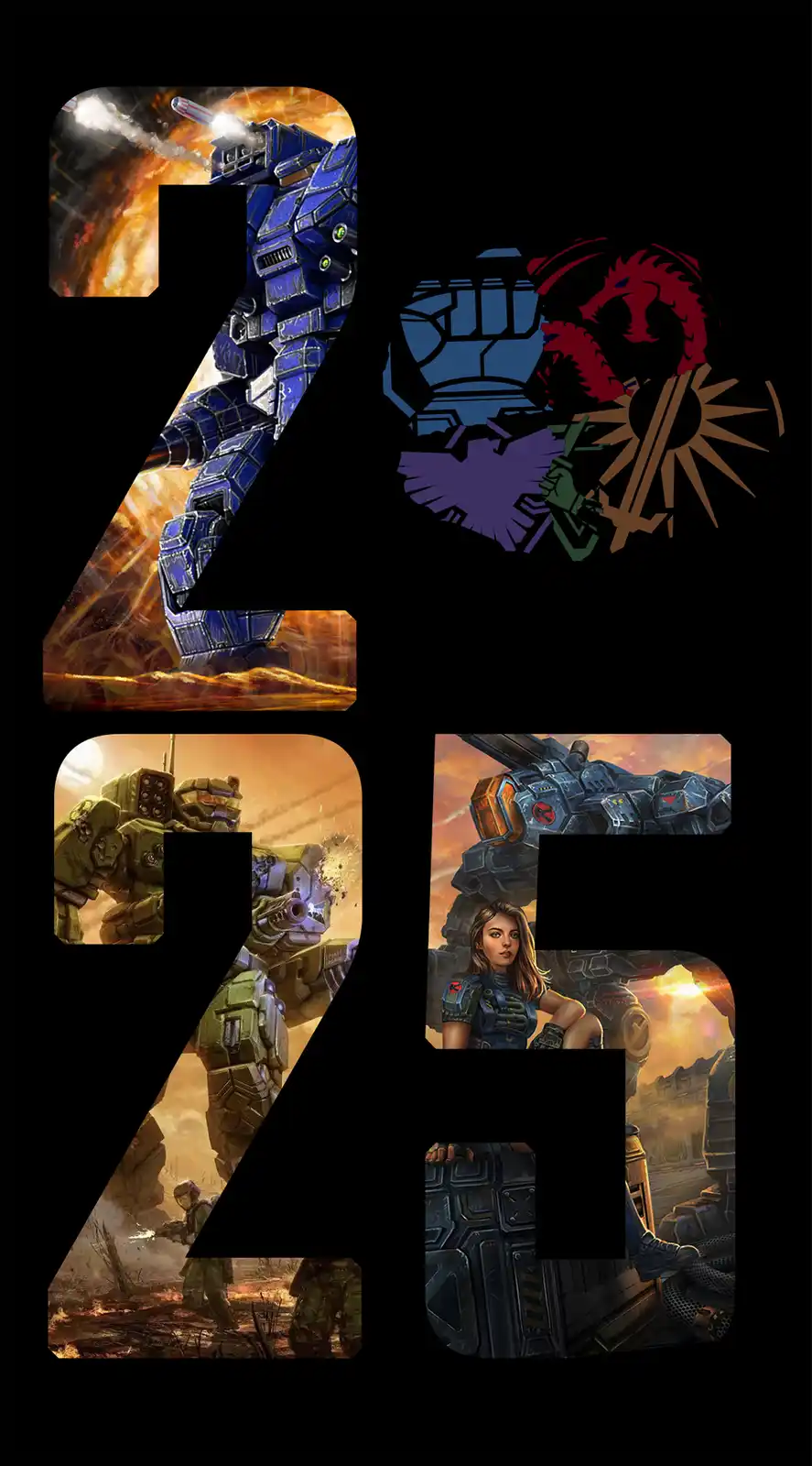 The image displays the number '25' formed by large black numerals, each filled with different sci-fi artwork. The top '2'…