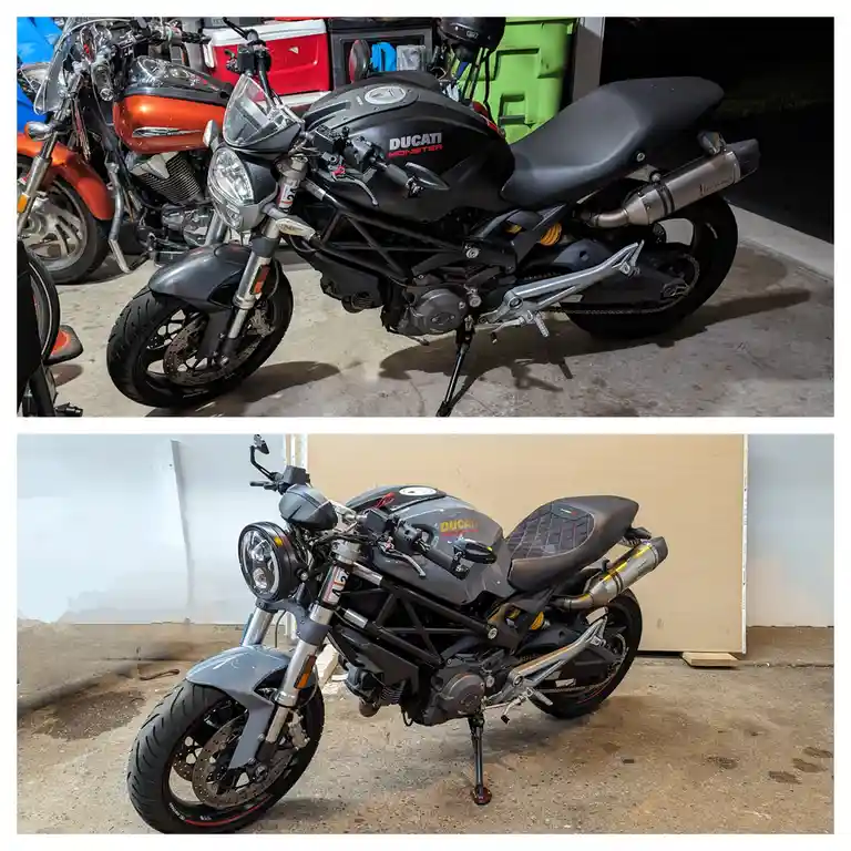 Two images show the same Ducati Monster motorcycle, first in a matte black finish parked in a garage with other bikes, then…