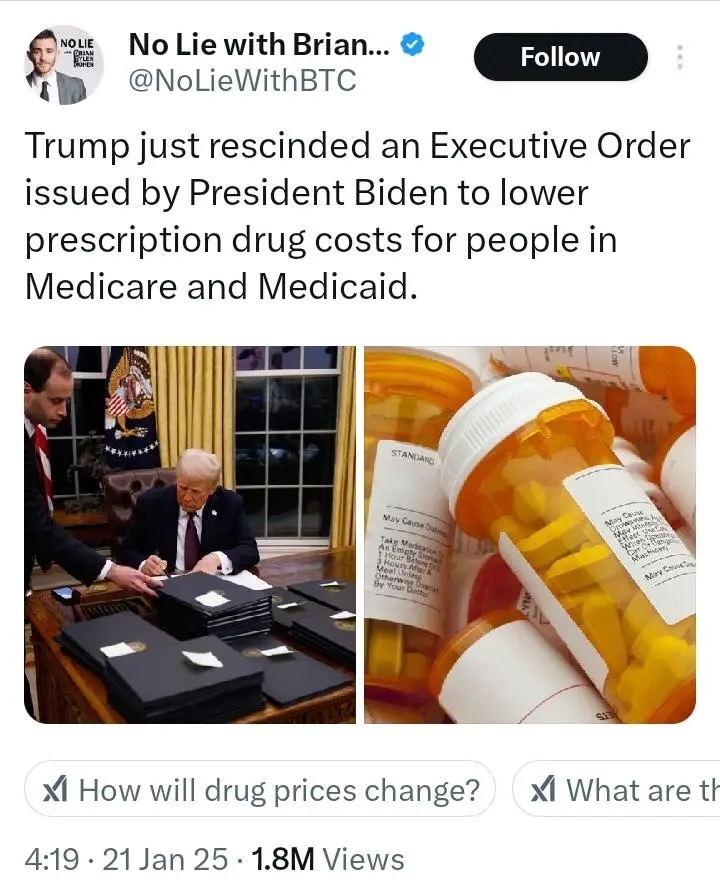 A tweet screenshot shows a split image: left side depicts Donald Trump signing documents at a desk in the Oval Office, right…