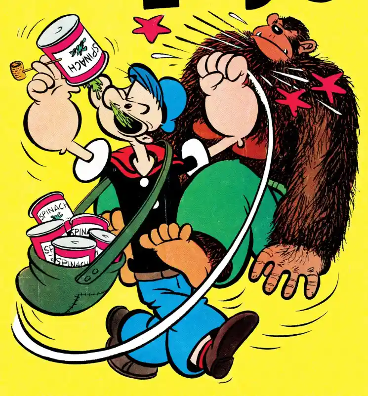 A cartoon depiction of Popeye the Sailor Man, wearing his iconic blue hat and shirt, joyfully eating a can of spinach while…