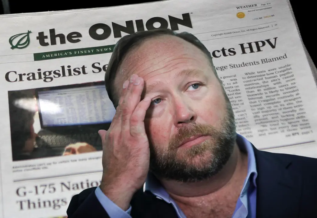 A man with a beard and hand on his forehead looks weary, superimposed over a newspaper front page from 'The Onion' featuring…