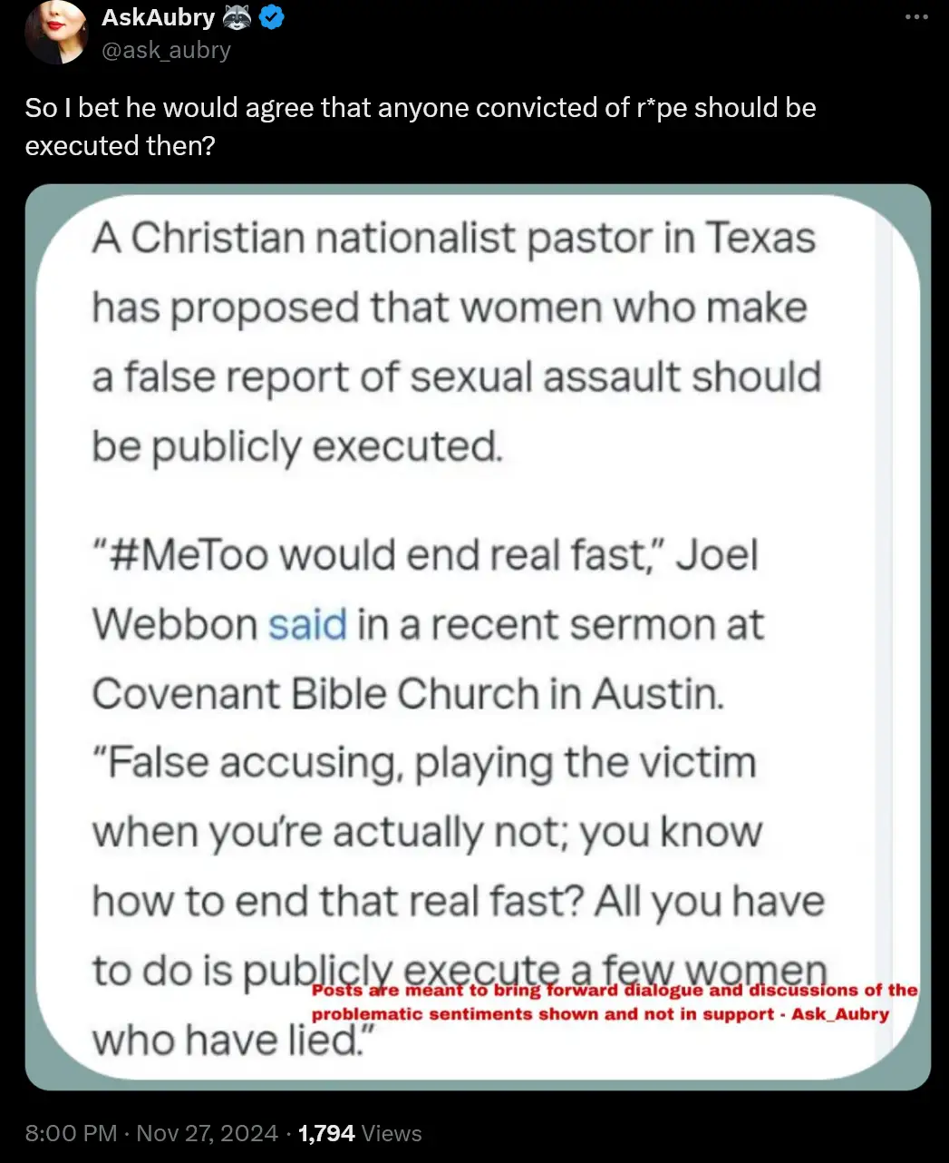 A screenshot of a Twitter post by 'AskAubry' showing a text excerpt about a Christian nationalist pastor, Joel Webbon, who…