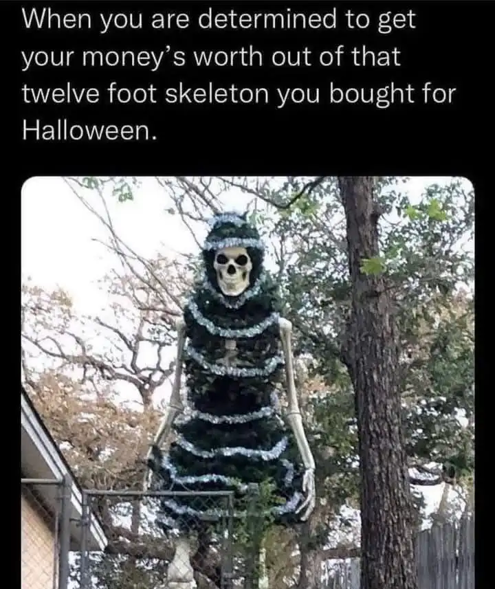 A large, twelve-foot-tall Halloween skeleton decoration stands outdoors, completely wrapped in green garland and silver…