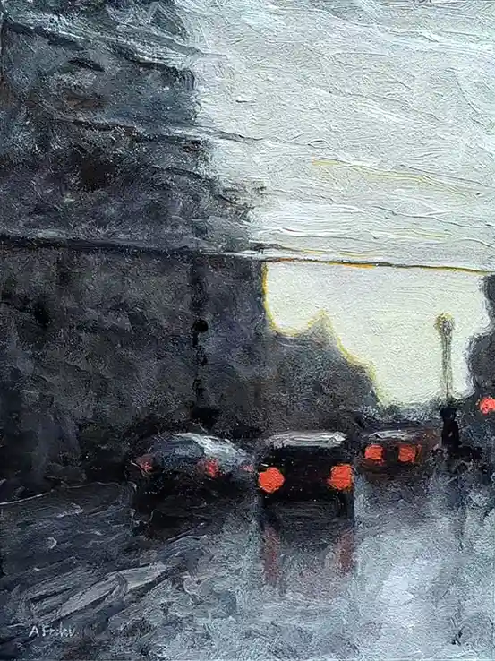A dark, impressionistic painting depicts several cars with glowing red taillights driving on a wet, reflective street under…