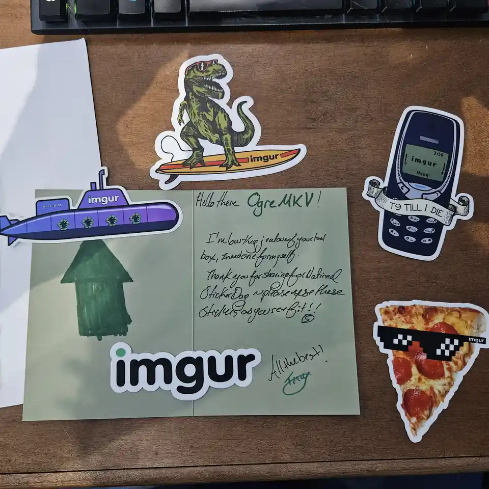 A handwritten note from Imgur to user 'OgreMKV' thanking them for National Sticker Day, surrounded by four Imgur-branded…